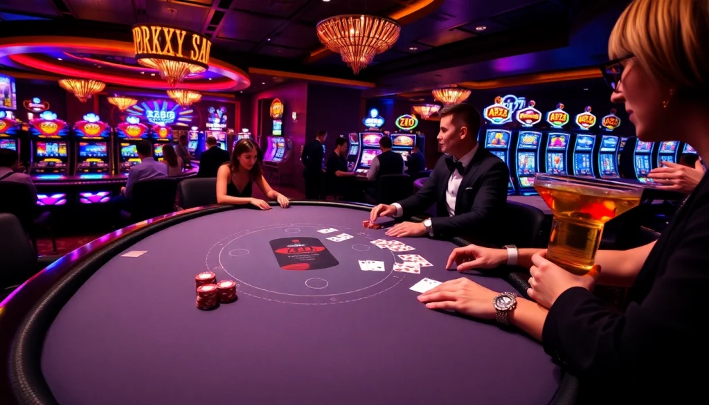 AZ88 players engaging in poker at a luxury casino with vibrant atmosphere and cocktails.