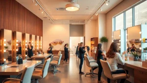 Stylish interior of Omnia Salon, a premier hair salon San Diego, showcasing vibrant hair colors and professional stylists.
