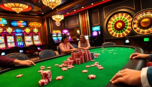 Players at a poker table in an upscale casino, enjoying the thrill of gambling at https://vaoluoitv.ink/.