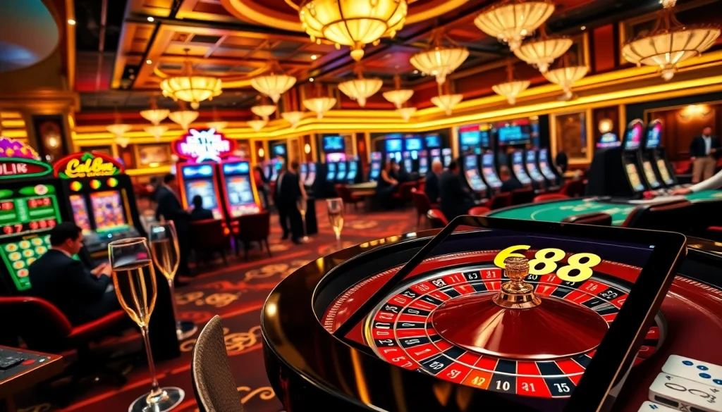 Players engaged at a roulette table in a luxurious casino while viewing the sơ đồ trang web ee88 on a tablet.