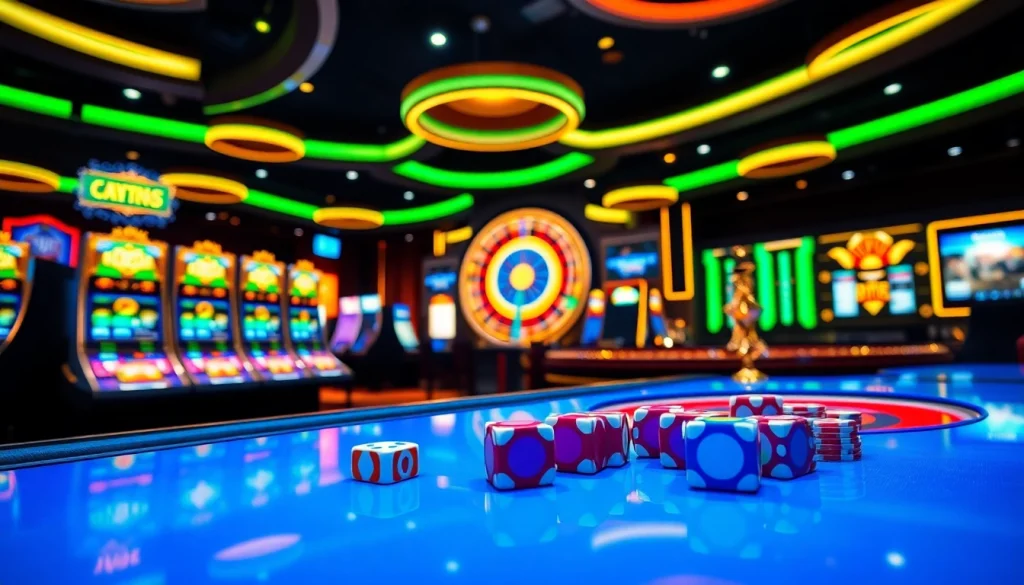 Casino scene representing crypto online casinos with vibrant slot machines, poker chips, and digital roulette wheel.