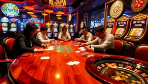 Sweeping view of an upscale casino table where players engage intensely, showcasing sơ đồ trang web xn88 and vibrant gambling elements.