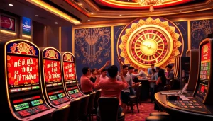 Nổ hũ đổi thưởng excitement captured in a vibrant casino scene with slot machines and roulette.