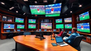 Dynamic scene of sports broadcasting showcasing live events and professional commentators.