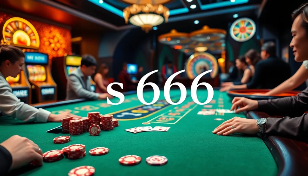 S666 đăng nhập experience at a luxurious casino table with players enjoying poker and blackjack.