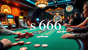 S666 đăng nhập experience at a luxurious casino table with players enjoying poker and blackjack.