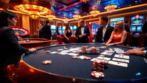 Exciting poker action at 33win casino with vibrant chips and warm lighting.