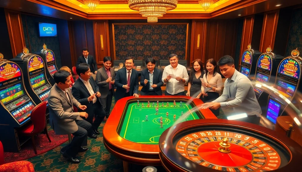 Engaging scene of players excitedly analyzing kèo bóng đá việt nam bets at a luxurious casino table.