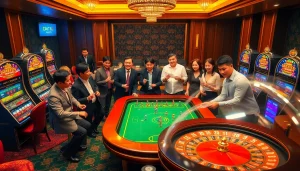 Engaging scene of players excitedly analyzing kèo bóng đá việt nam bets at a luxurious casino table.
