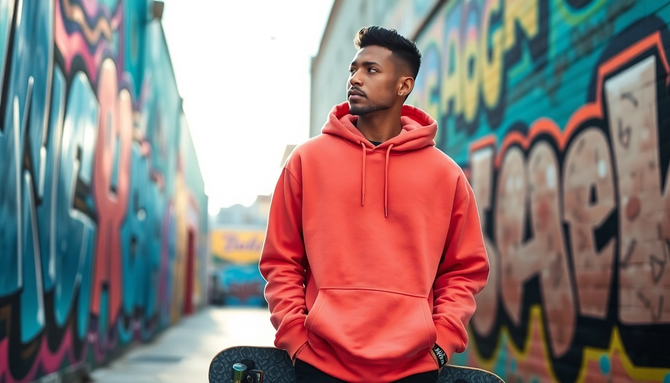 Fashionable model showcasing blank hoodies in a vibrant urban setting.