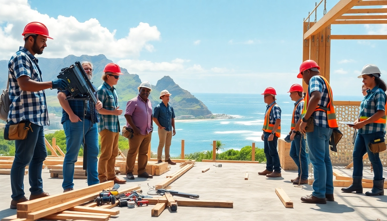 Workers showcasing hawaii construction news on an active site with scenic views.