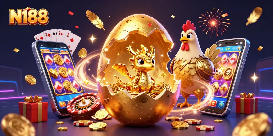 N188 showcases a golden baby dragon guarding poker chips amidst excitement and shimmering casino elements.