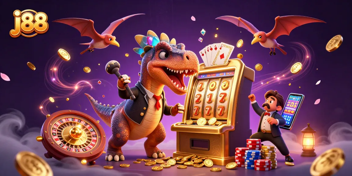 j88 vibrantly showcases a cartoon dinosaur hitting a golden slot machine, coins flying everywhere