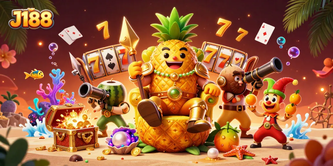 Engage with J188's vibrant casino scene featuring a golden pineapple king and dynamic slot game elements.
