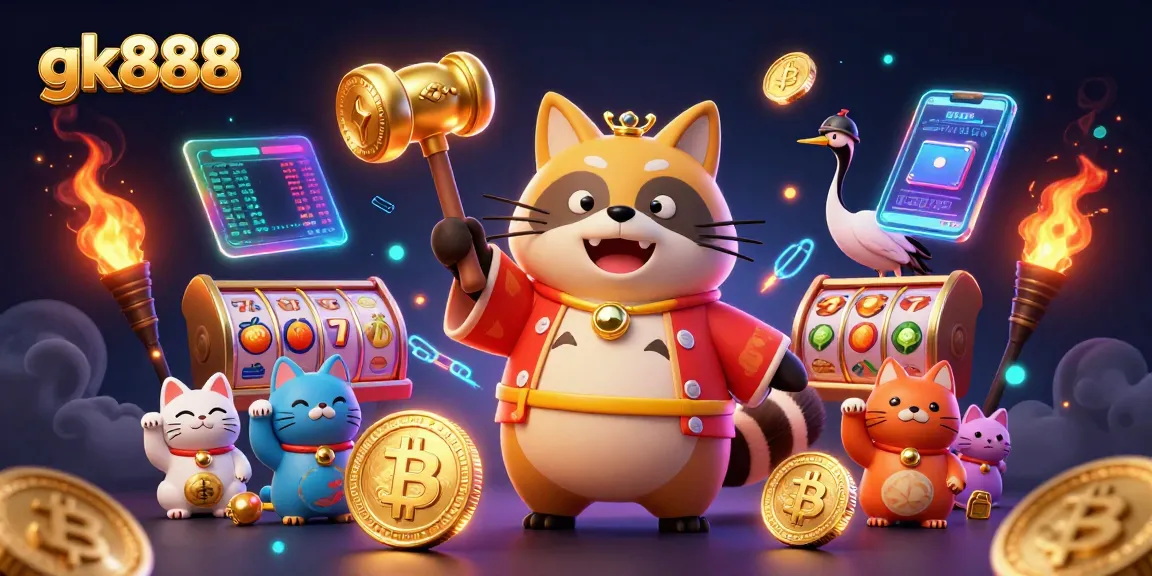 Celebrate with gk888 in a vibrant 3D casino scene filled with lucky symbols, golden elements, and crypto coins.