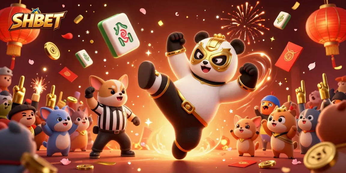 Experience gaming excitement at SHBET with a vibrant 3D illustration of a flying panda wrestler.