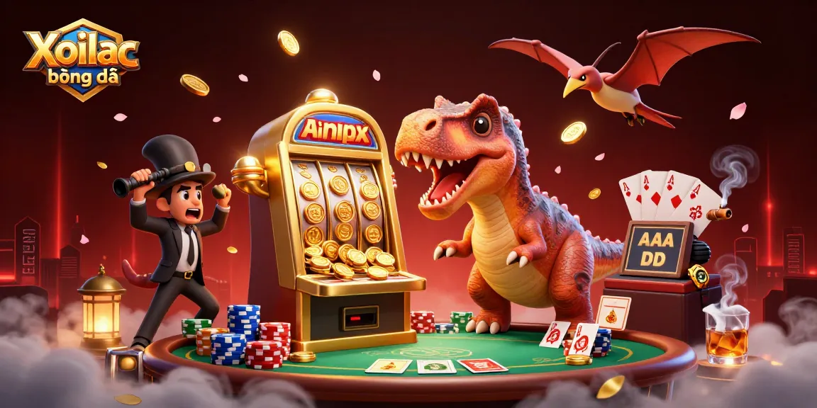 Xoilac bóng đá features a cartoon dinosaur at a golden slot machine with flying coins in a vibrant casino scene
