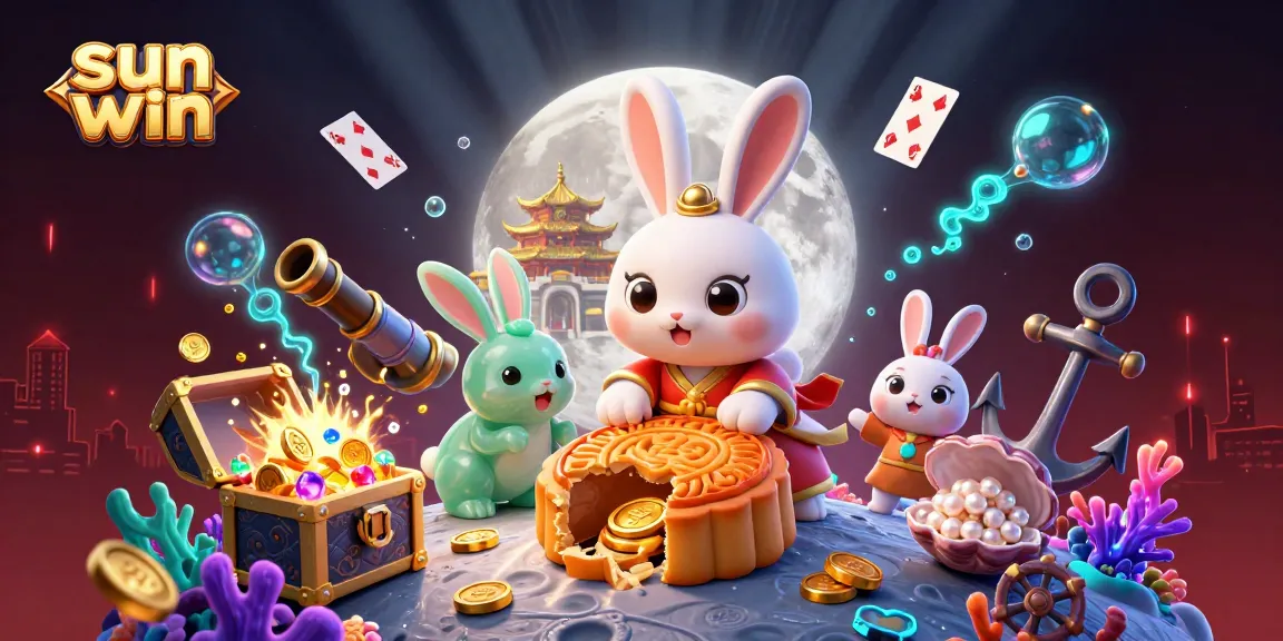 Engage with sun win at our vibrant casino artwork showcasing a moon rabbit theme with poker chips.