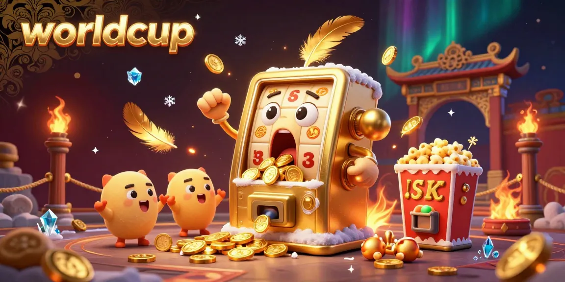 Worldcup-themed slot machine hitting jackpot, coins pouring, in a vibrant casino illustration.
