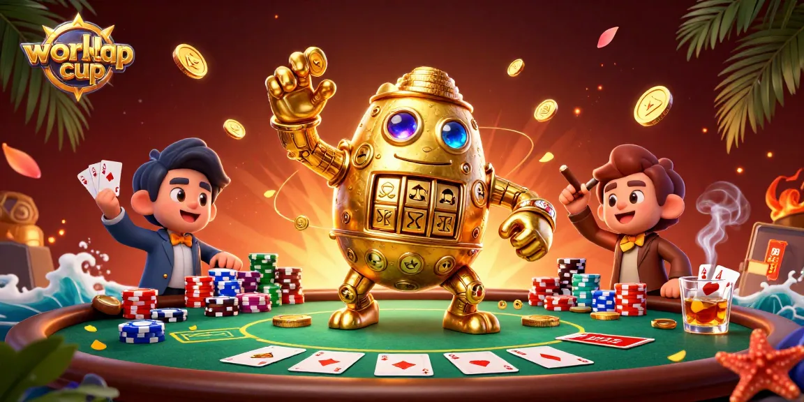 Experience the worldcup excitement with this vibrant 3D casino scene featuring a golden golem and poker elements.