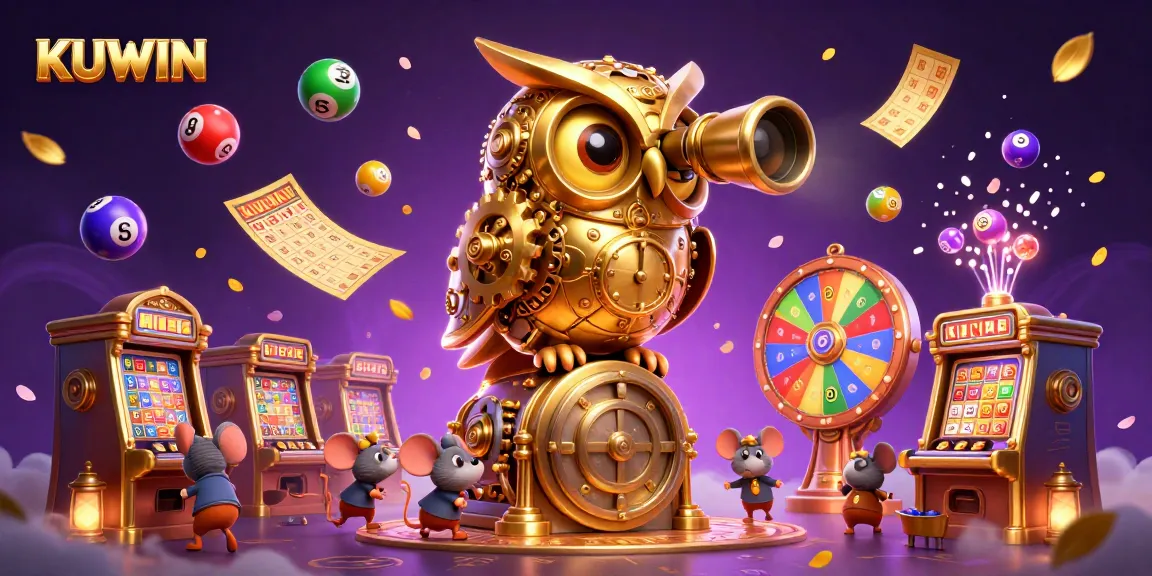 Experience thrilling games at KUWIN with vibrant casino elements in a dynamic 3D scene.